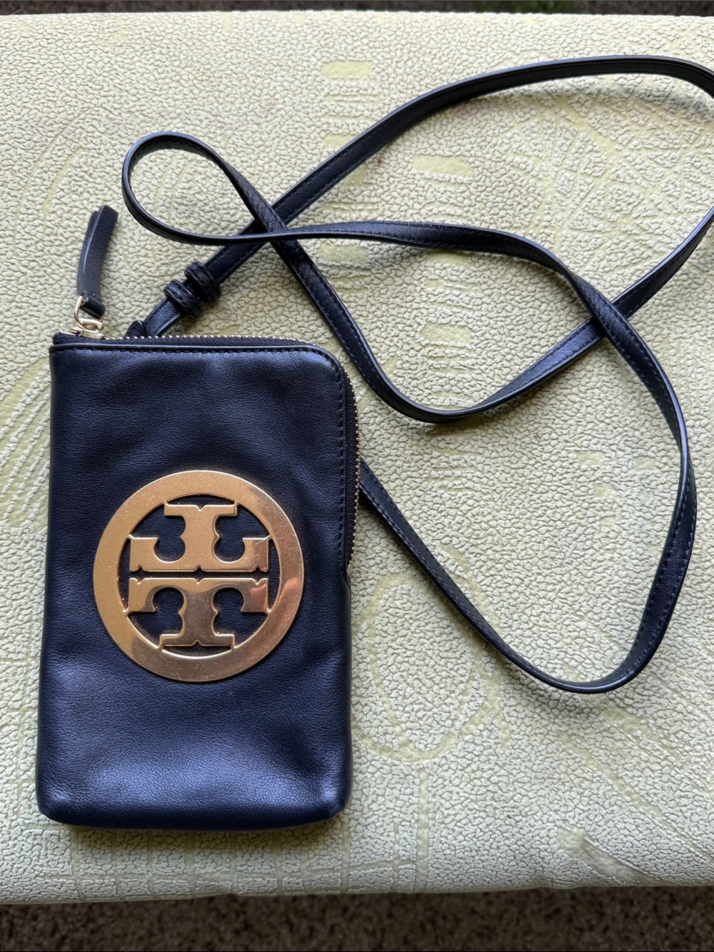 Tory Burch Black Leather Crossbody Pouch with Gold Logo Medallion